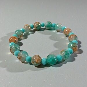Handcrafted Marbled Green And Orange Turquoise Rondelle Glass Stretch Bracelet